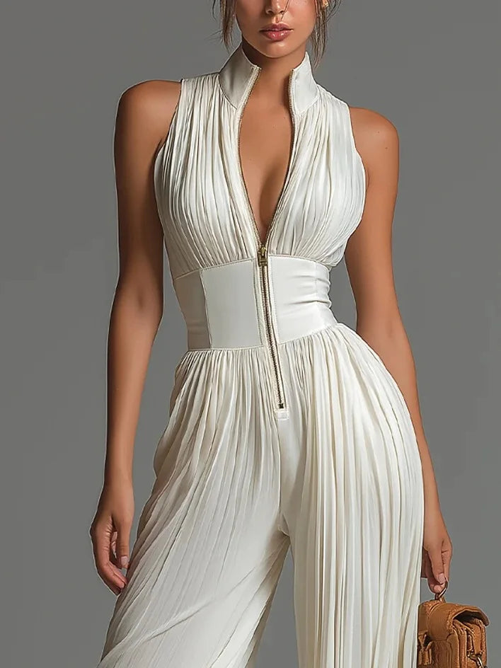 2026 White Pleated Neck Jumpsuit Women's Long Wide-leg Fashion Sexy Pleated Jumpsuits Sexy Slim Fits Sleeveless Rompers Y2K