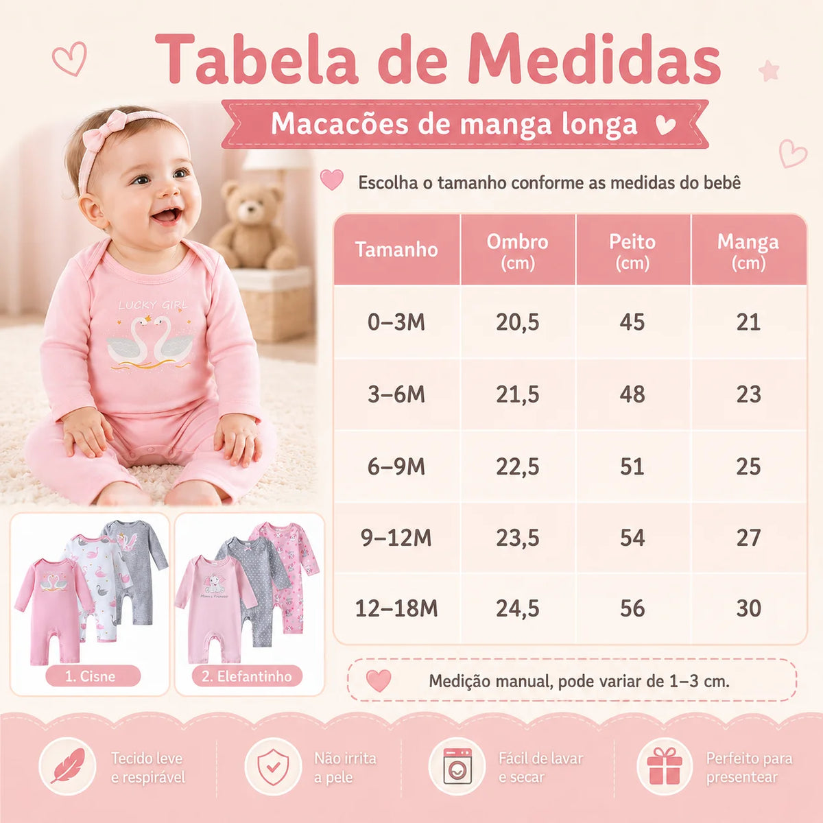 Kit 3 Baby Rompers Long Sleeve Footless Printed Infant Boy Girl Clothes