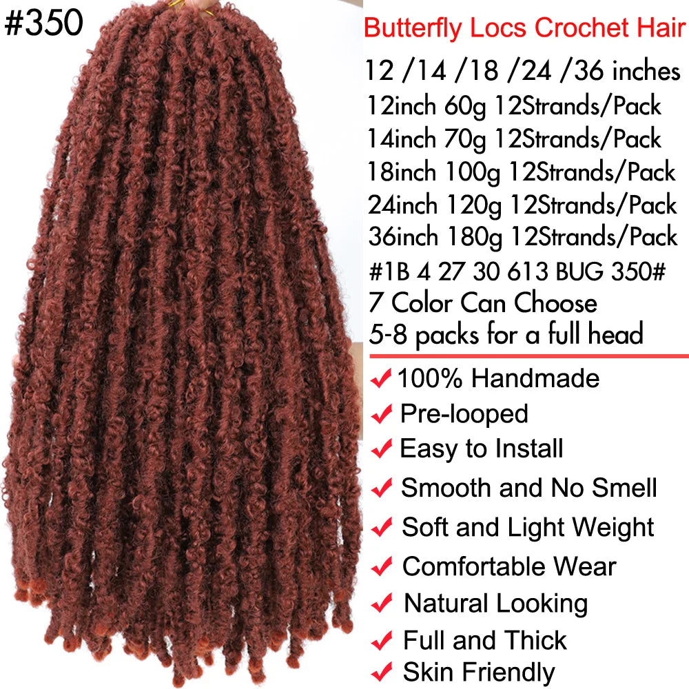 1- 6Packs Butterfly Locs Crochet Hair 36 24 18 14 12inch Pre Twisted Natural Black Distressed Faux Locs Crochet Braids for Women