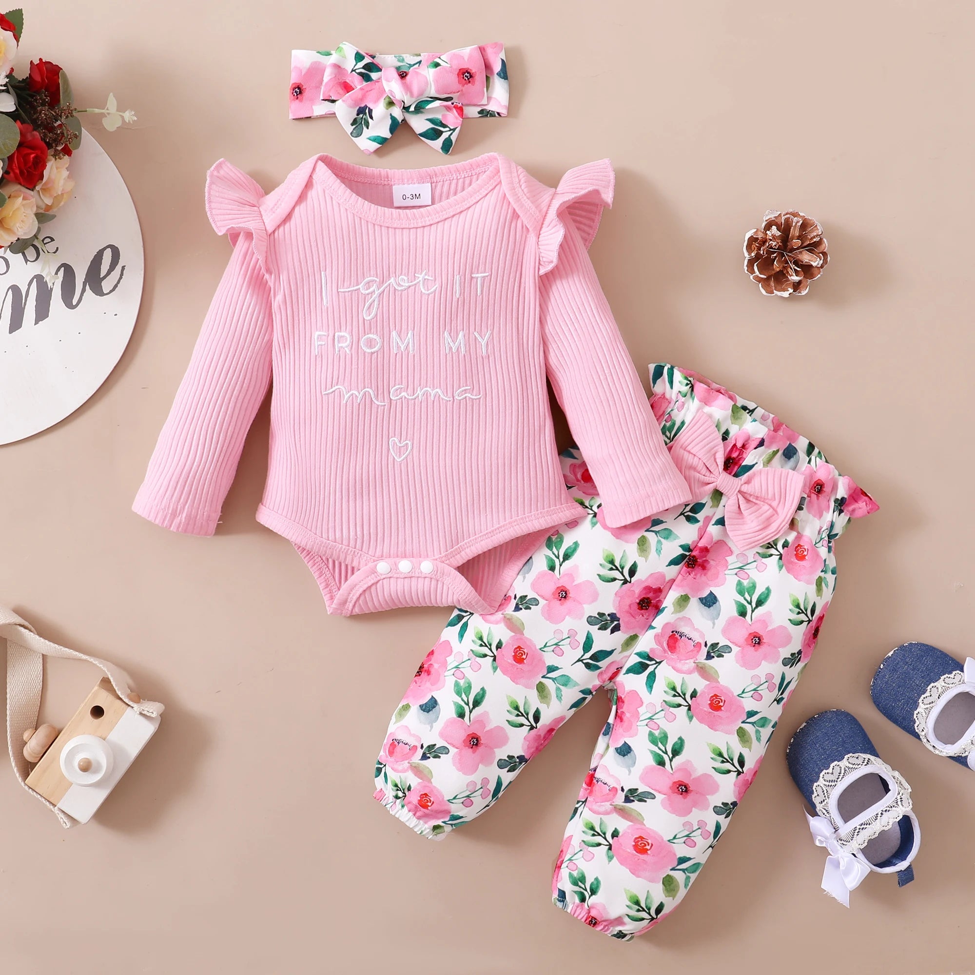 0 - 18M Baby Girl Pink Clothes Set Spring&Autumn Clothing Long Sleeve Bodysuit+Floral Pants+Headband 3PCS Toddler Fashion Outfits - Beauty
