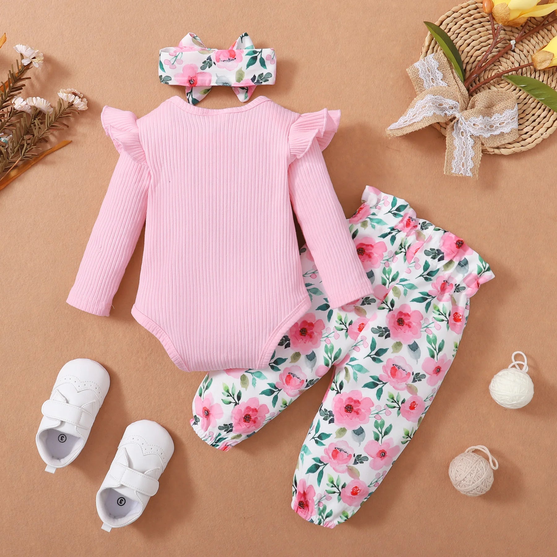 0 - 18M Baby Girl Pink Clothes Set Spring&Autumn Clothing Long Sleeve Bodysuit+Floral Pants+Headband 3PCS Toddler Fashion Outfits - Beauty