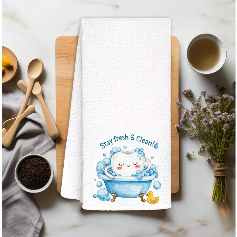 1 Piece "Keep It Fresh and Clean" Kitchen Towel with Cartoon Tooth Print, Dish Towel, Hand Towel, Kitchen Decorative Towel, Neighbor Gift, Sweet Housewarming Gift for Friends, Mom Gift, Friend Birthday Gift - Beauty