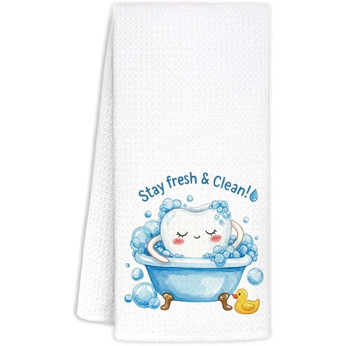 1 Piece "Keep It Fresh and Clean" Kitchen Towel with Cartoon Tooth Print, Dish Towel, Hand Towel, Kitchen Decorative Towel, Neighbor Gift, Sweet Housewarming Gift for Friends, Mom Gift, Friend Birthday Gift - Beauty