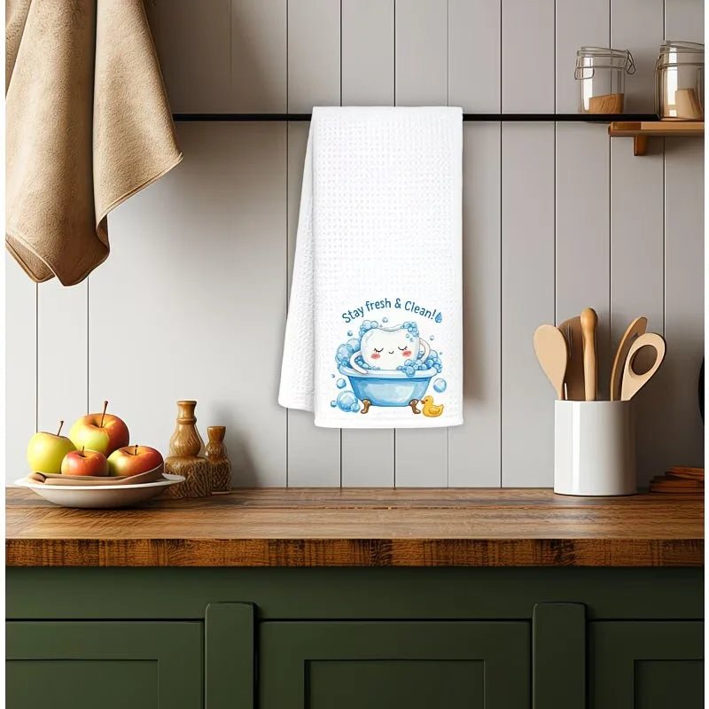 1 Piece "Keep It Fresh and Clean" Kitchen Towel with Cartoon Tooth Print, Dish Towel, Hand Towel, Kitchen Decorative Towel, Neighbor Gift, Sweet Housewarming Gift for Friends, Mom Gift, Friend Birthday Gift - Beauty