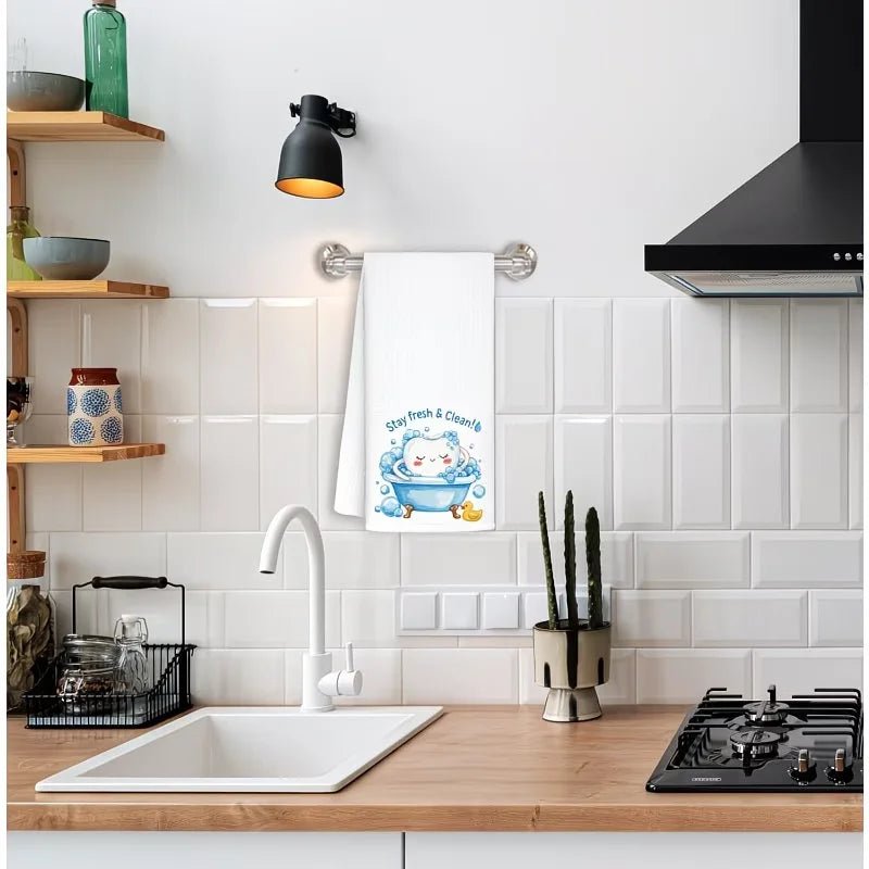 1 Piece "Keep It Fresh and Clean" Kitchen Towel with Cartoon Tooth Print, Dish Towel, Hand Towel, Kitchen Decorative Towel, Neighbor Gift, Sweet Housewarming Gift for Friends, Mom Gift, Friend Birthday Gift - Beauty