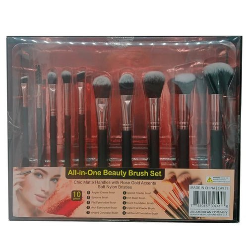 10 - Pack Black Handle and Rose Gold Makeup Applicator Brush Beauty Set - Beauty