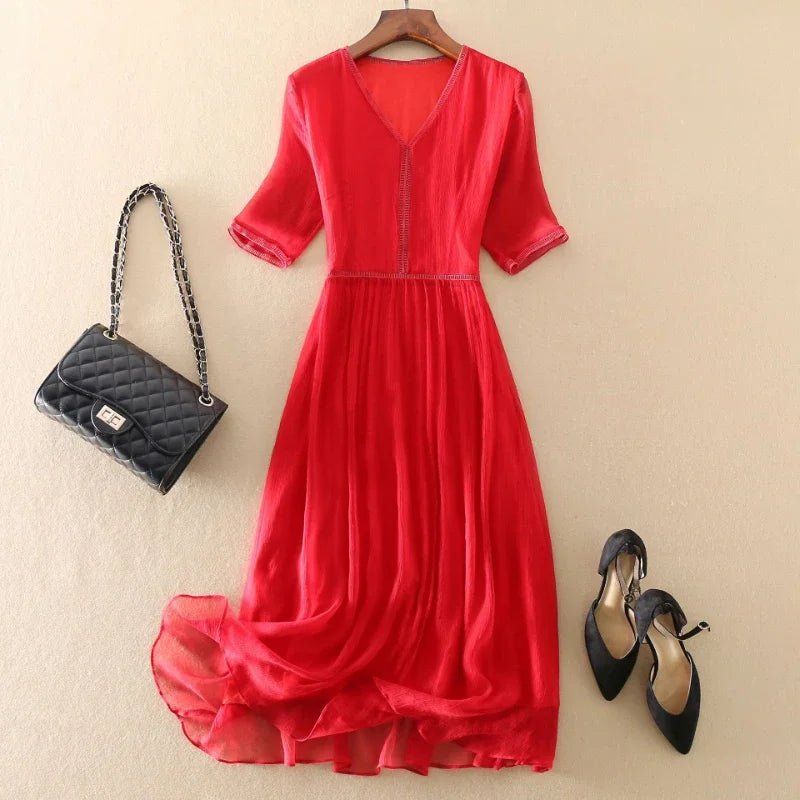 100% Real Silk Summer Dress Women Elegant Red Dresses For Women Clothing Office Lady Holiday Beach Dress Vestido De Mujer Zm274 - Beauty