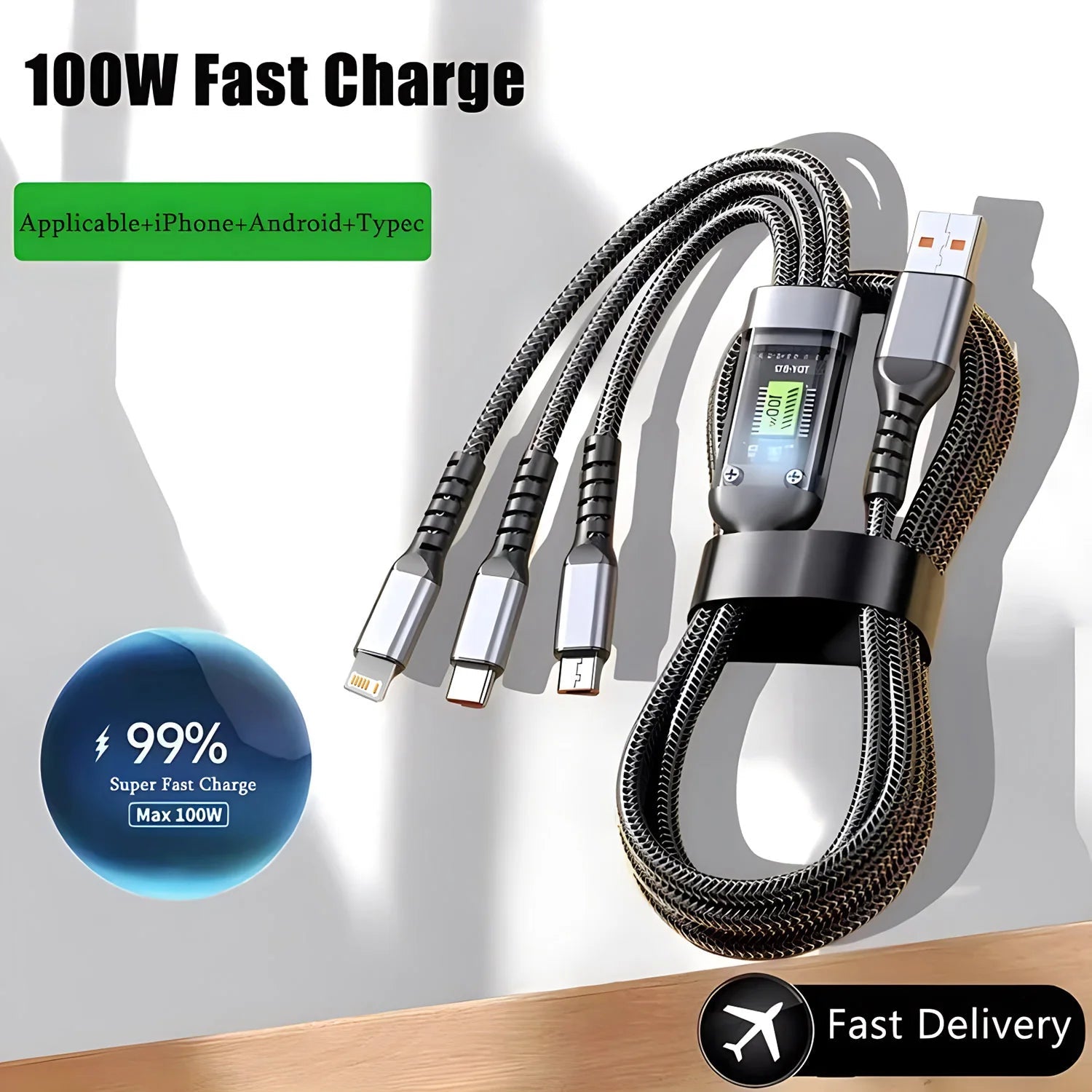 100W Fast Charging Cable Multi Charger Cable Nylon Braided Multiple USB Universal 3 in 1 Charging Cord Adapter with Type - C Micro - Beauty
