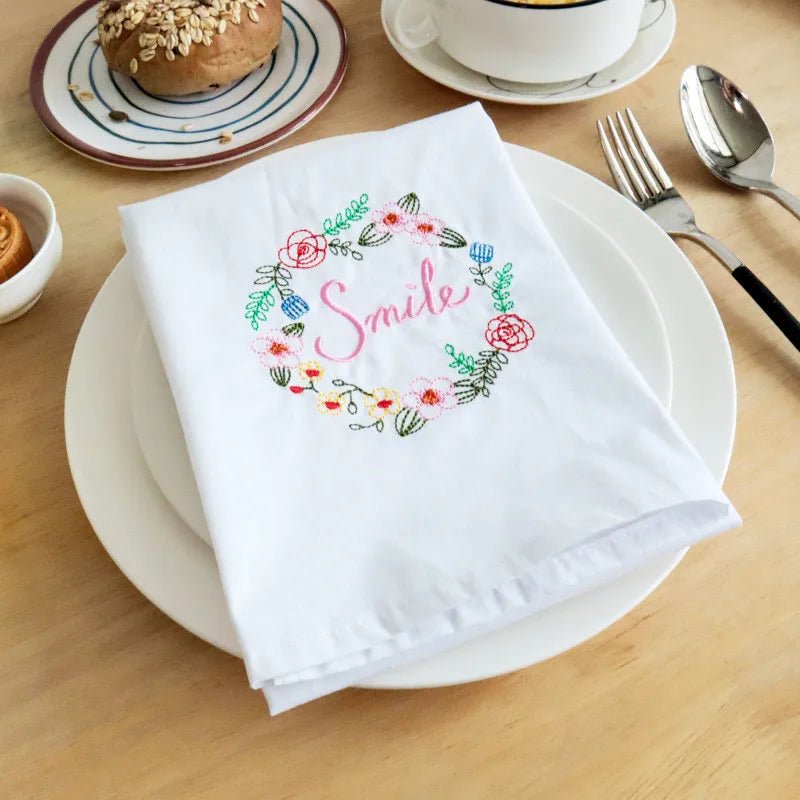 1Pc 45x65cm Cotton White Flower Embroidered Towel Table Napkin Kitchen Dishcloth Wedding Party Decor Gift - Beauty