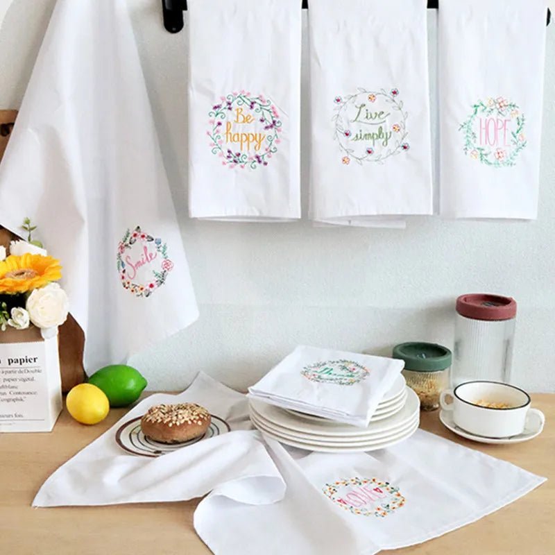 1Pc 45x65cm Cotton White Flower Embroidered Towel Table Napkin Kitchen Dishcloth Wedding Party Decor Gift - Beauty