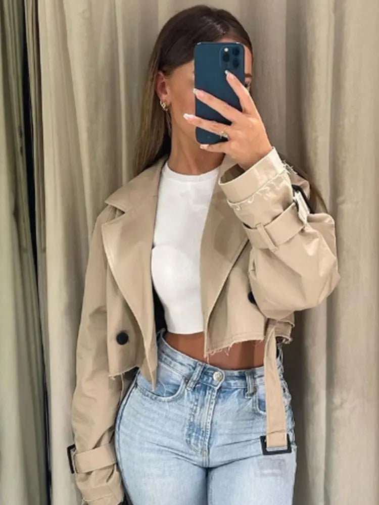 2024 Belt Cropped Trench Spring Jacket Women Vintage Streetwear Double Breasted Long Sleeve Top Female Coat Outfits - Beauty