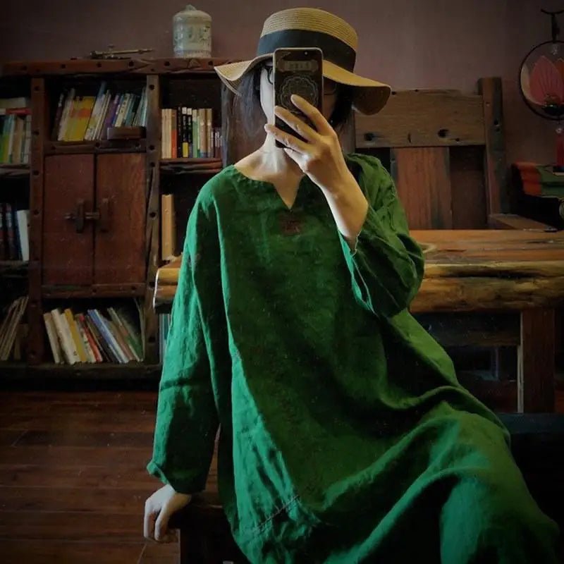 2024 Spring Autumn New Arts Style Women Long Sleeve V - neck A - line Dresses Vintage Embroidery Cotton Linen Loose Long Dresses - Beauty