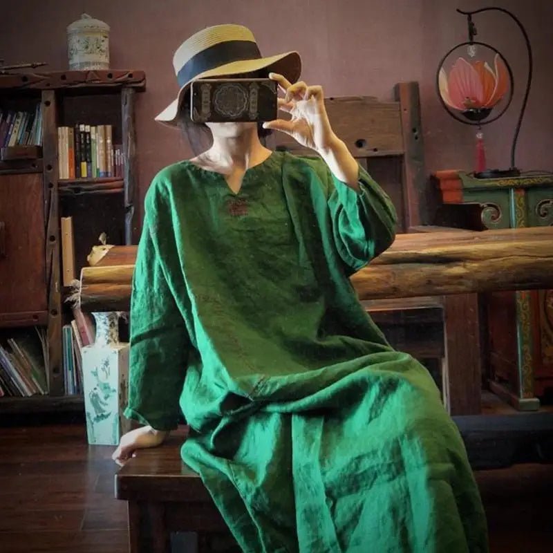 2024 Spring Autumn New Arts Style Women Long Sleeve V - neck A - line Dresses Vintage Embroidery Cotton Linen Loose Long Dresses - Beauty