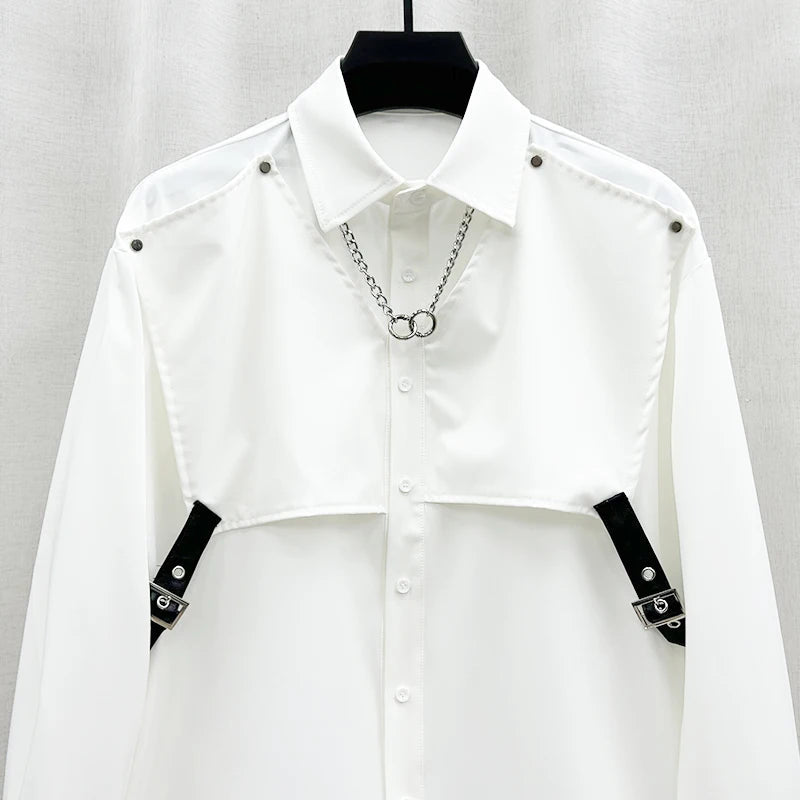 2024 Spring New Trendy Male Loose Handsome Shirts Men's Long Sleeve Solid Color Single Row Multi - Buckle Shirt Trendy Male Shirts - Beauty