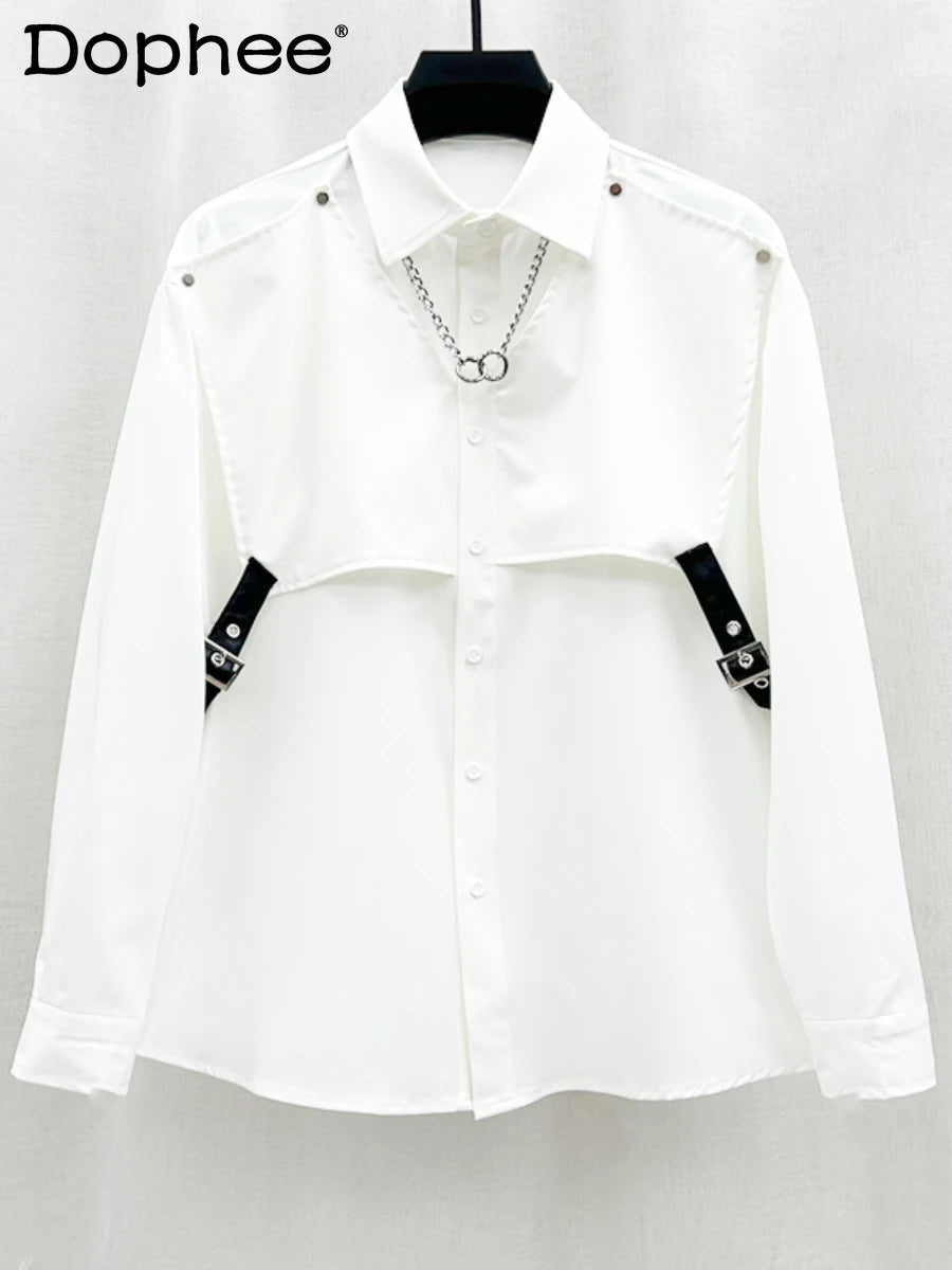 2024 Spring New Trendy Male Loose Handsome Shirts Men's Long Sleeve Solid Color Single Row Multi - Buckle Shirt Trendy Male Shirts - Beauty