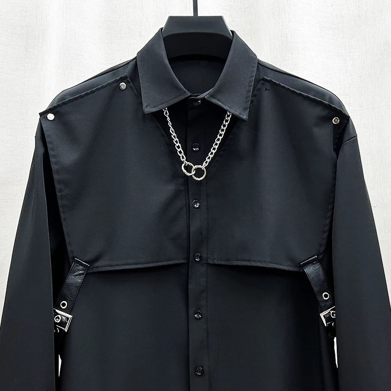 2024 Spring New Trendy Male Loose Handsome Shirts Men's Long Sleeve Solid Color Single Row Multi - Buckle Shirt Trendy Male Shirts - Beauty