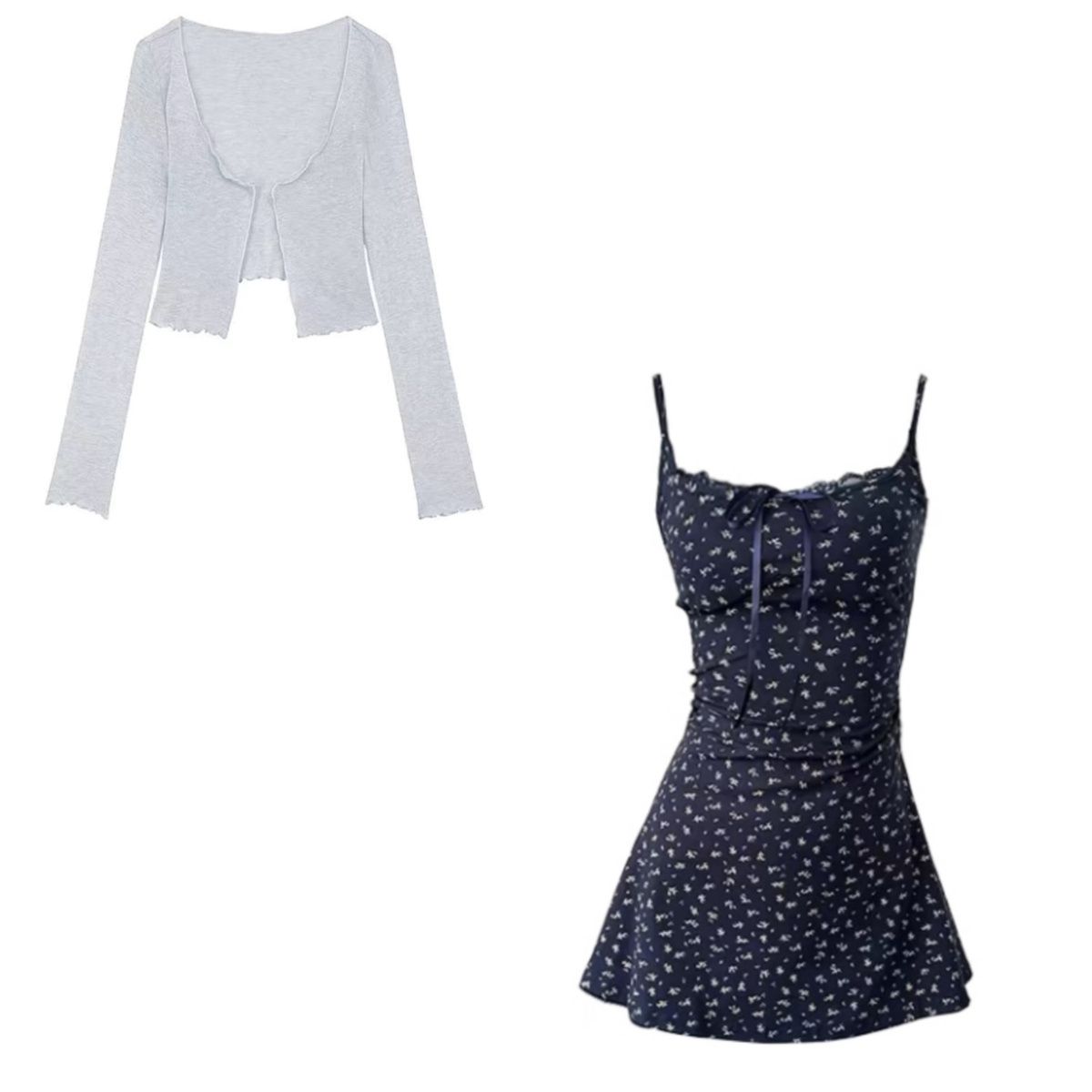 Women's Bodycon Navy Floral Camisole Dress And Plain Knit Cardigan Set Petite Slim Fit Fall Outfit Chic Vacation Cover-Up Spring