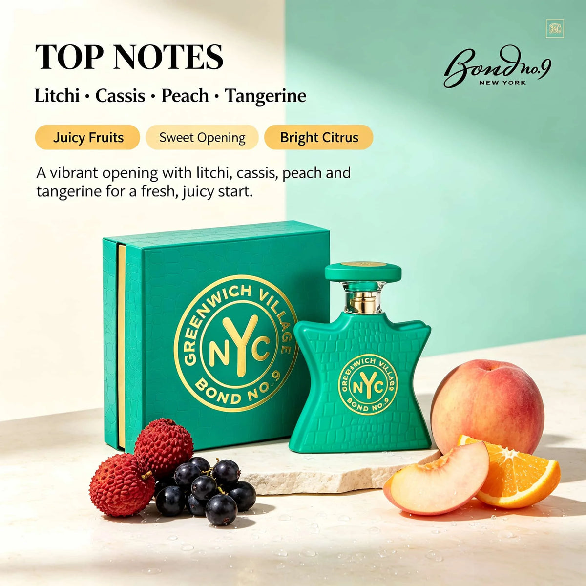Bond No 9 Greenwich Village Fresh Flower and Fruit Gulong Perfume, 3.4 oz. 100 ml, Tropical Fruit Fragrance + Floral Opening Musk + Amber Middle Note Vanilla + Pink Feeling Warm Ending | Cheerful, Bright, Sweet and Not Greasy