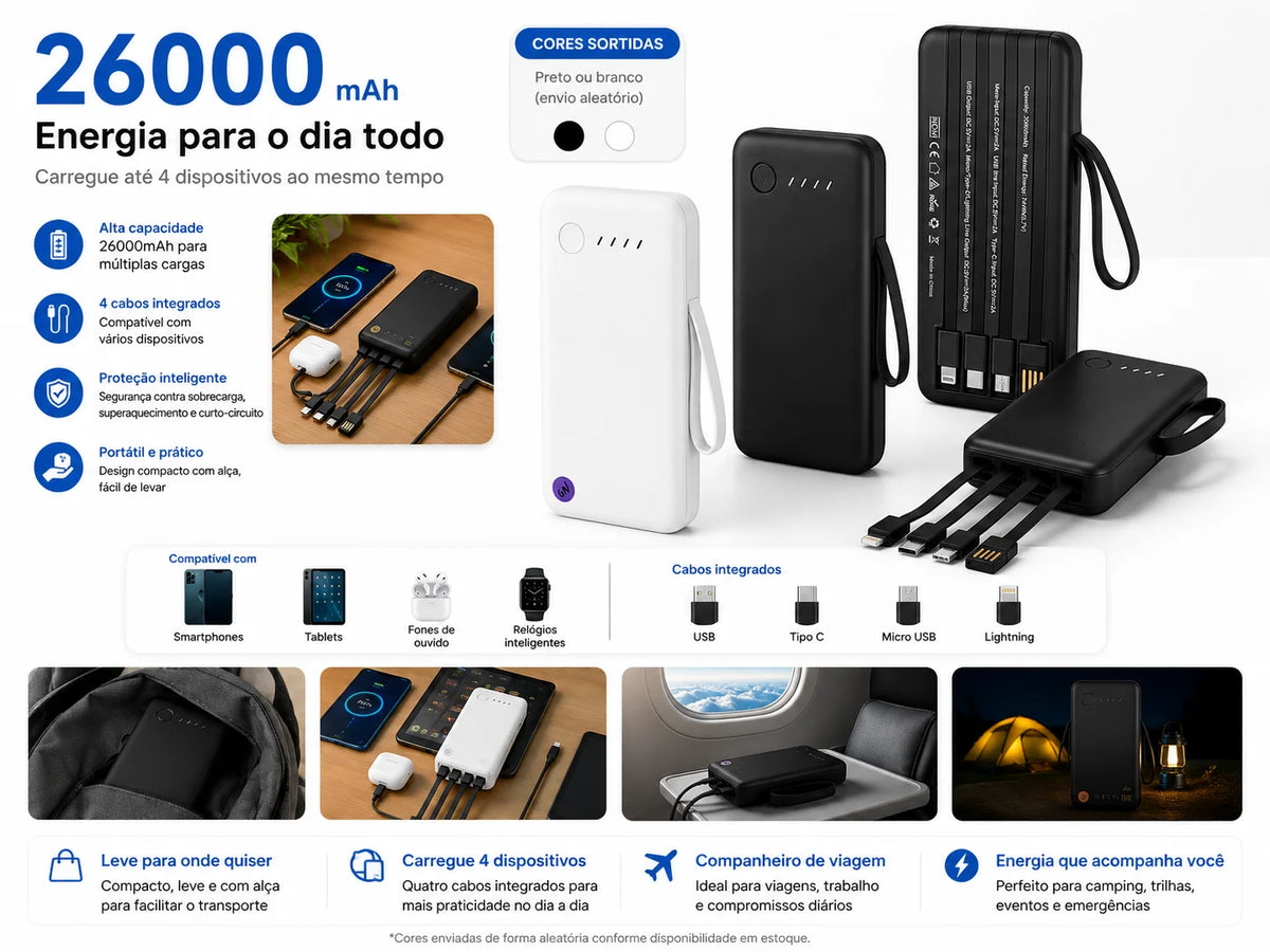 Power Bank 12000mAh E 26000mAh Carregador Rápido Portátil Com 4 Cabos USB Para Smartphone E Viagem