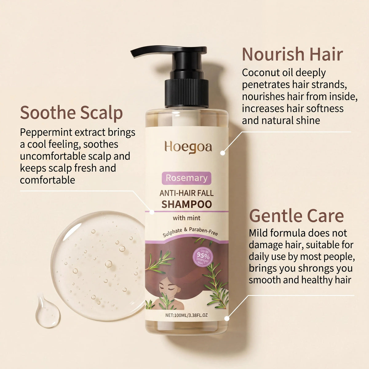 Rosemary Shampoo Coconut Oil Deep Cleansing Nourish Roots Thinning Hair Boost Softness Shine Reduce Shedding Fresh Scalp Care Shampoo