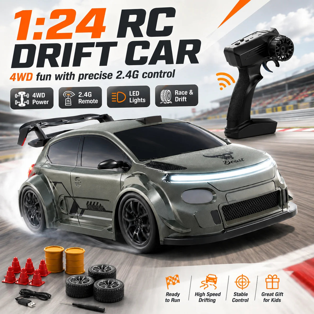 ZNLYRION RC Drift Car SG718 1: 24 Scale 4WD With Replaceable Racing Drift Tires LED Headlights Taillight Sport Rear Wing Remote Control Racing Vehicle Toy