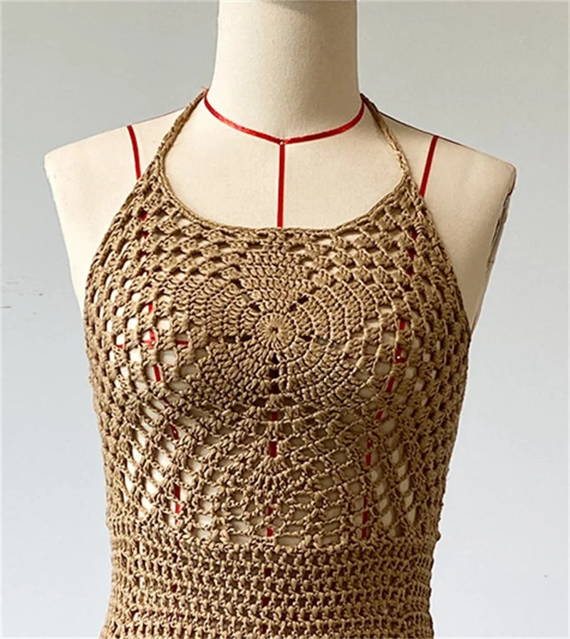 Women's Sexy Halter Backless Short Knit Dress Summer Beach Hollow Out Crochet Bikini Cover Ups Swimwear Holiday Female Swimsuit