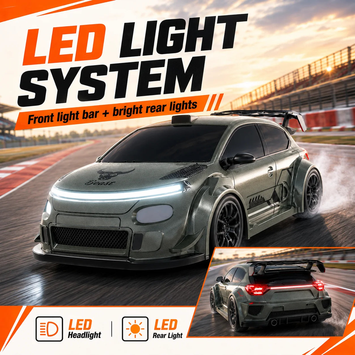 ZNLYRION RC Drift Car SG718 1: 24 Scale 4WD With Replaceable Racing Drift Tires LED Headlights Taillight Sport Rear Wing Remote Control Racing Vehicle Toy