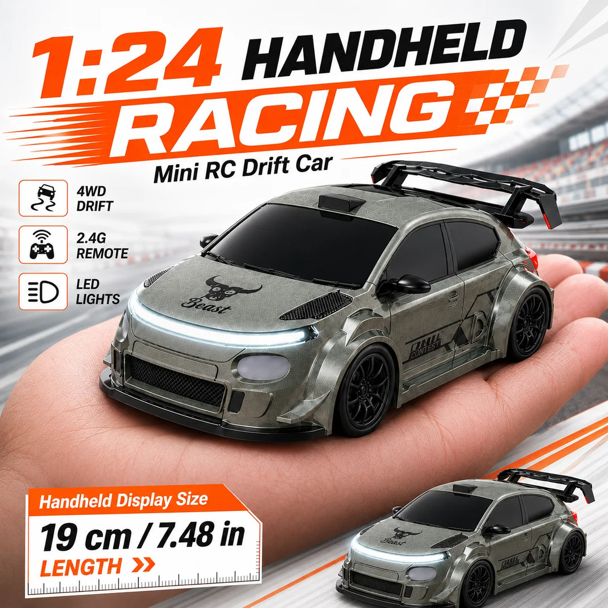 ZNLYRION RC Drift Car SG718 1: 24 Scale 4WD With Replaceable Racing Drift Tires LED Headlights Taillight Sport Rear Wing Remote Control Racing Vehicle Toy