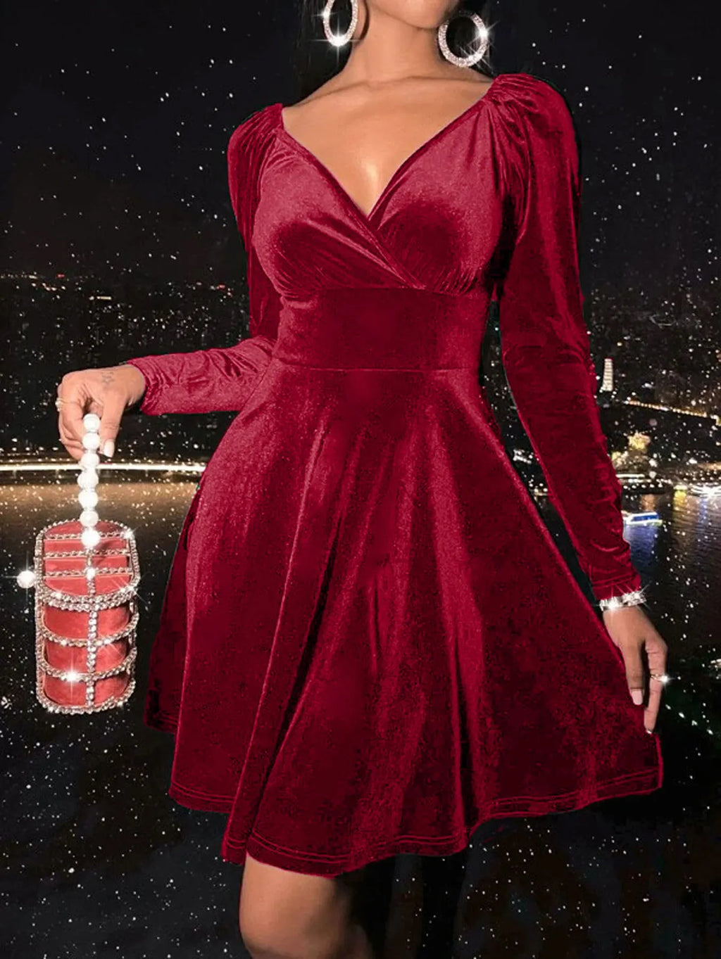 Women's Velvet V Neck Short Dress, Elegant Long Sleeve Dress for Party Club Dating Wear, Women's Dress for Fall & Winter