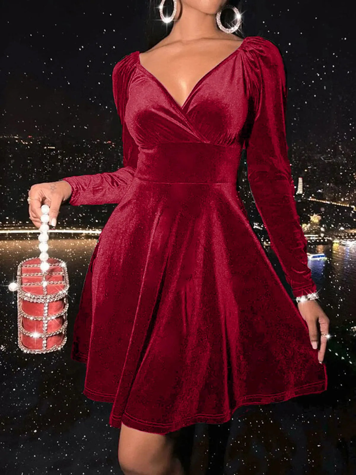 Women's Velvet V Neck Short Dress, Elegant Long Sleeve Dress for Party Club Dating Wear, Women's Dress for Fall & Winter