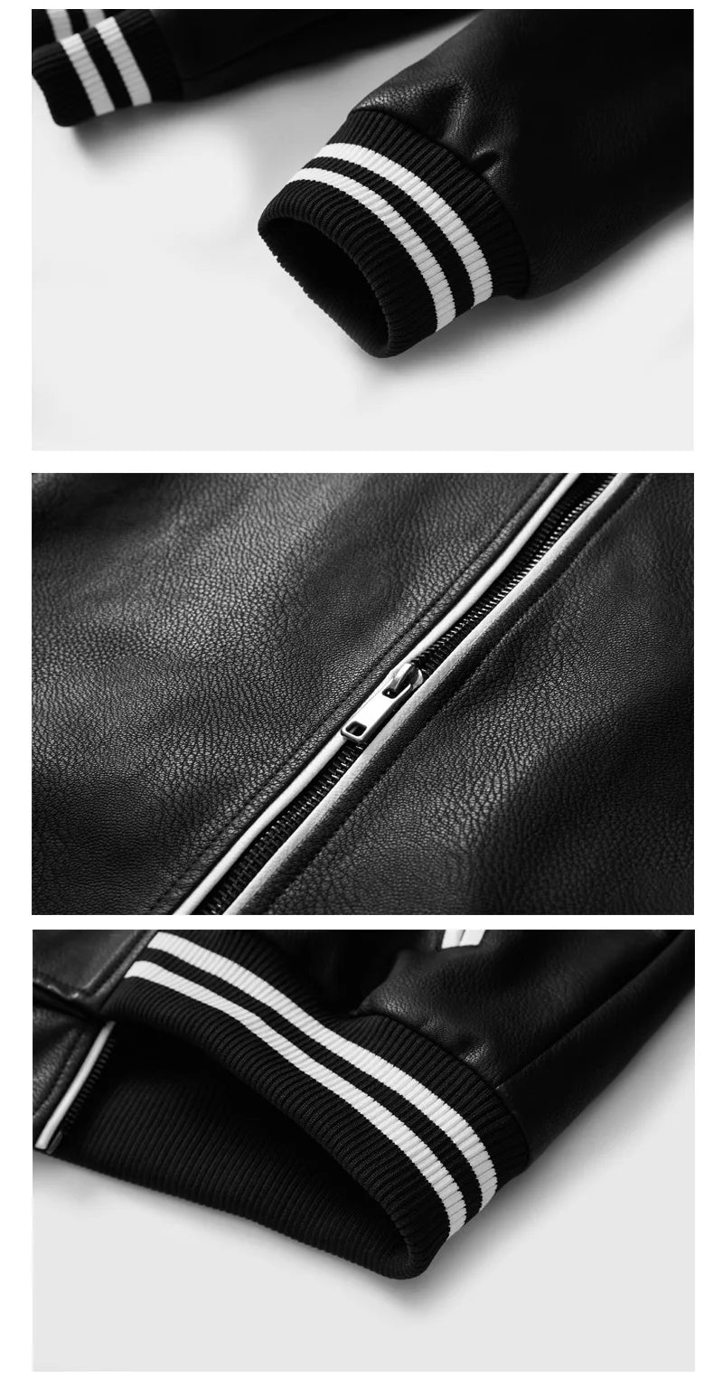 Men's PU Leather Baseball Jacket  Motorcycle Fleece Leather Coats Fashion Color Matching Loose Outwear Male