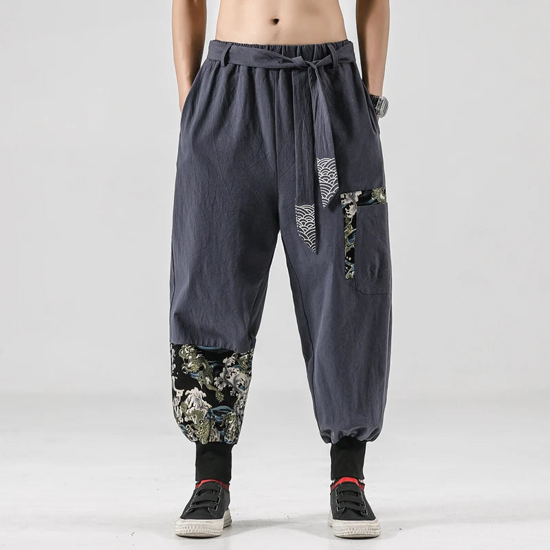 2024 Autumn Men Linen Harem Pants Mens Vintage Chinese Style Cotton Trousers Man Streetwear Pants Male Print Cross Crotch Pants