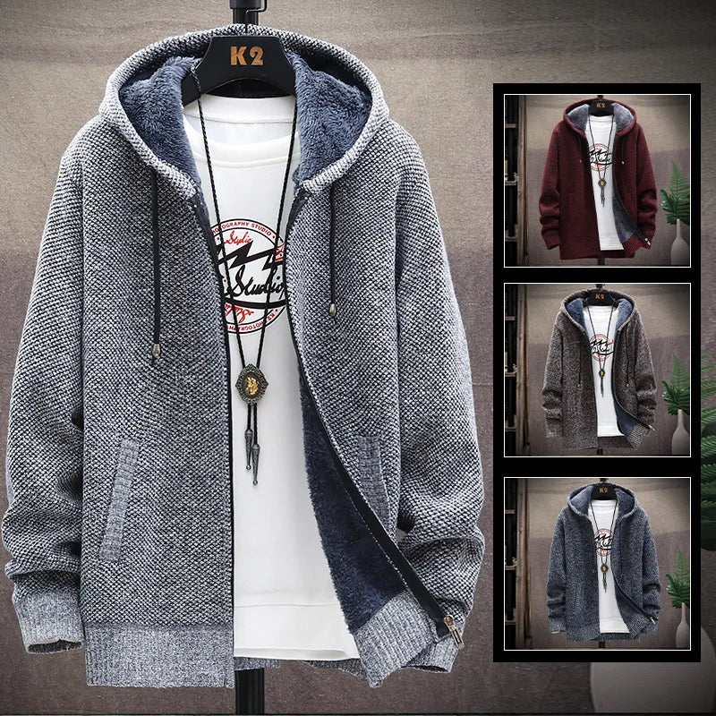 Autumn Winter Men's Sweaters Hooded Knit Cardigan Korean Sweaters Jacket Fleece Lined Hoodies Windbreaker Coat