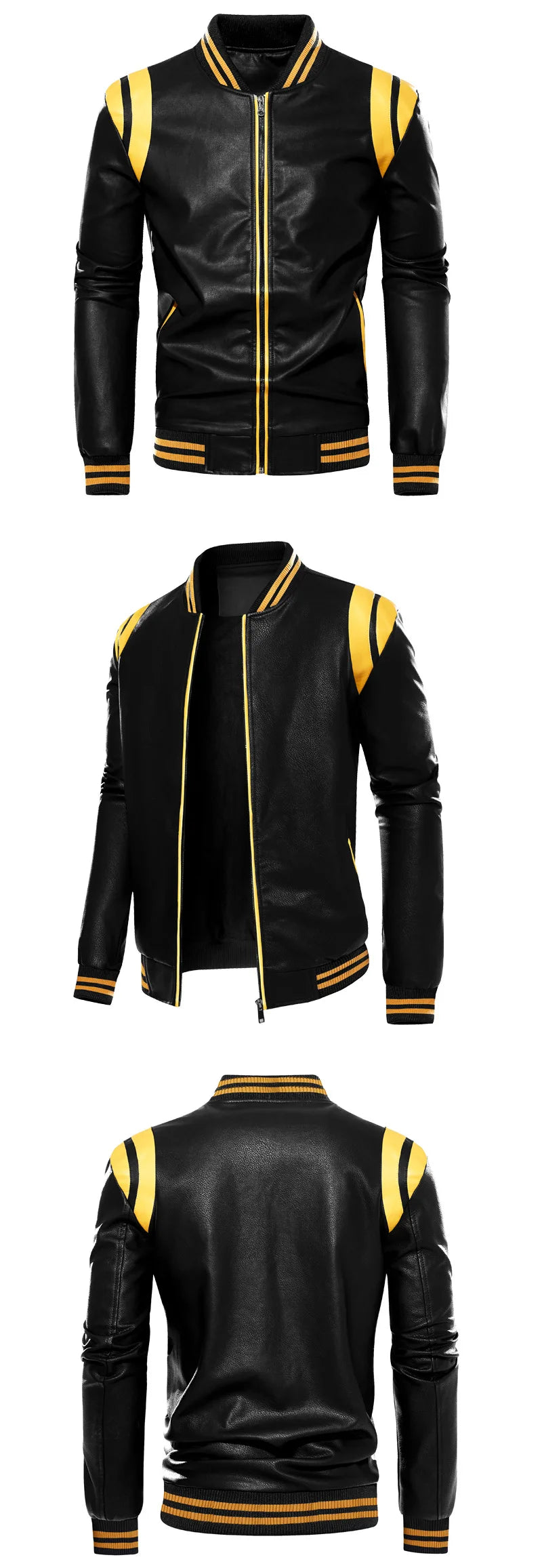 Men's PU Leather Baseball Jacket  Motorcycle Fleece Leather Coats Fashion Color Matching Loose Outwear Male