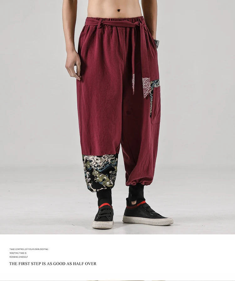 2024 Autumn Men Linen Harem Pants Mens Vintage Chinese Style Cotton Trousers Man Streetwear Pants Male Print Cross Crotch Pants