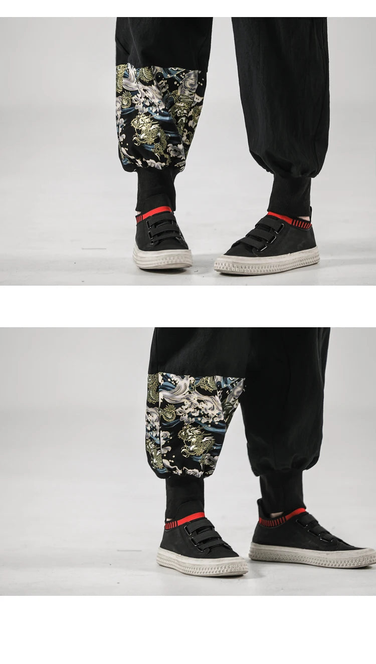 2024 Autumn Men Linen Harem Pants Mens Vintage Chinese Style Cotton Trousers Man Streetwear Pants Male Print Cross Crotch Pants