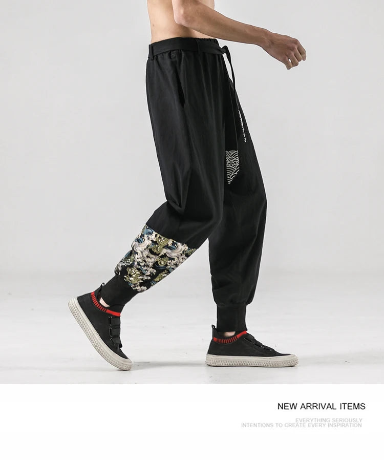 2024 Autumn Men Linen Harem Pants Mens Vintage Chinese Style Cotton Trousers Man Streetwear Pants Male Print Cross Crotch Pants
