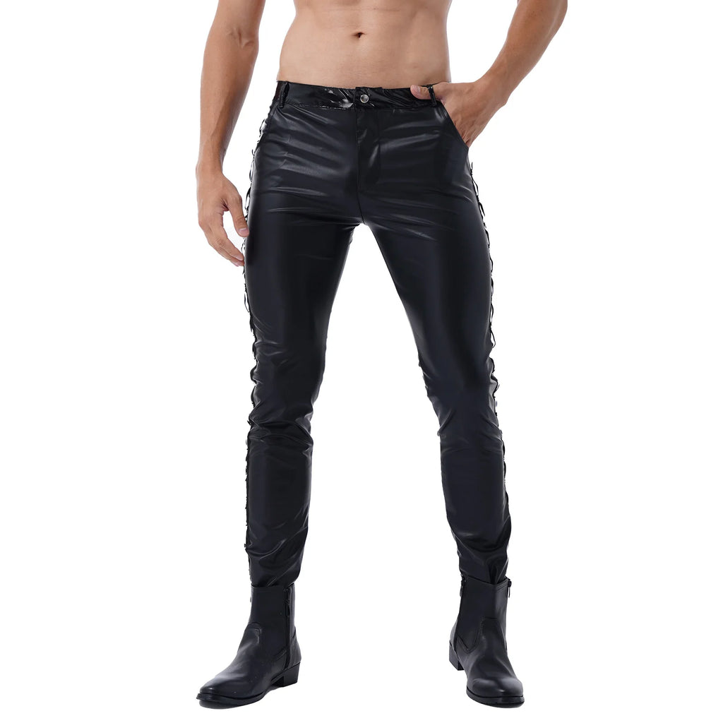 Men Latex Leather Pants Low Waist Faux Leather Shiny Pants Fashion Tight Trousers for Club Stage Show Rock Band Performance