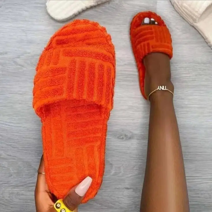 2024 Women New Luxury Brand One-Word Thick-Soled Warm Furry Women's Shoes Embossed Cotton Drag Outdoor All-Match Casual Slippers