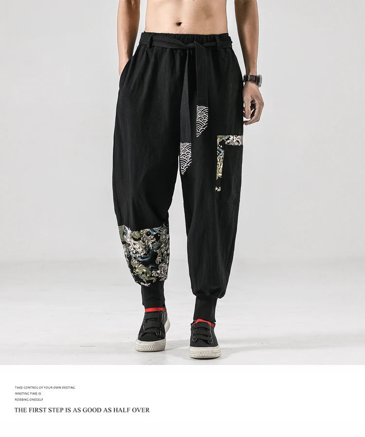 2024 Autumn Men Linen Harem Pants Mens Vintage Chinese Style Cotton Trousers Man Streetwear Pants Male Print Cross Crotch Pants
