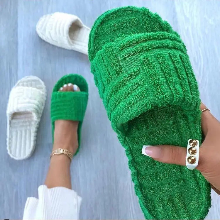 2024 Women New Luxury Brand One-Word Thick-Soled Warm Furry Women's Shoes Embossed Cotton Drag Outdoor All-Match Casual Slippers