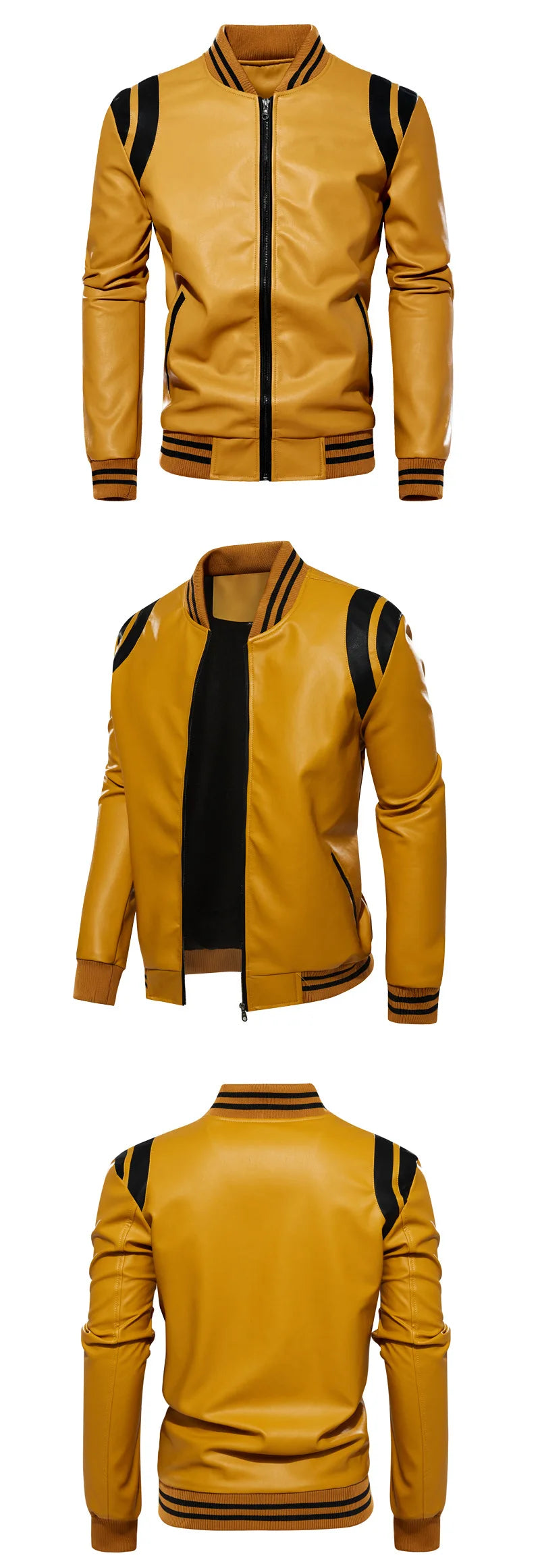 Men's PU Leather Baseball Jacket  Motorcycle Fleece Leather Coats Fashion Color Matching Loose Outwear Male