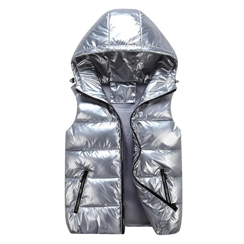 DIMUSI Men's Vest Winter Fashion Silver Male Cotton-Padded Hooded Coats Sleeveless Jackets Casual Thick Waistcoats Mens Clothing