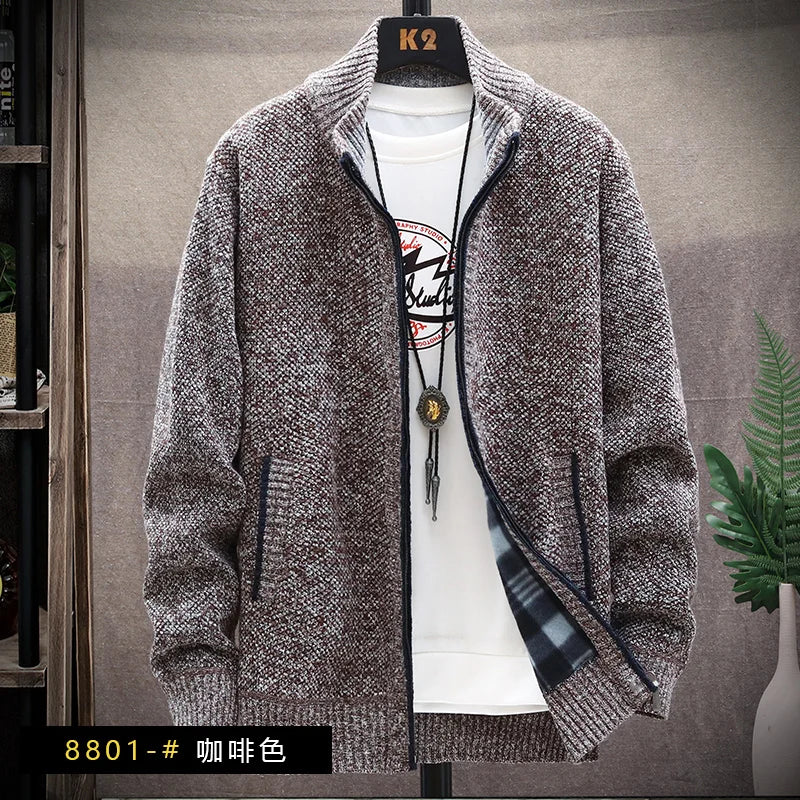 Autumn Winter Men's Sweaters Hooded Knit Cardigan Korean Sweaters Jacket Fleece Lined Hoodies Windbreaker Coat