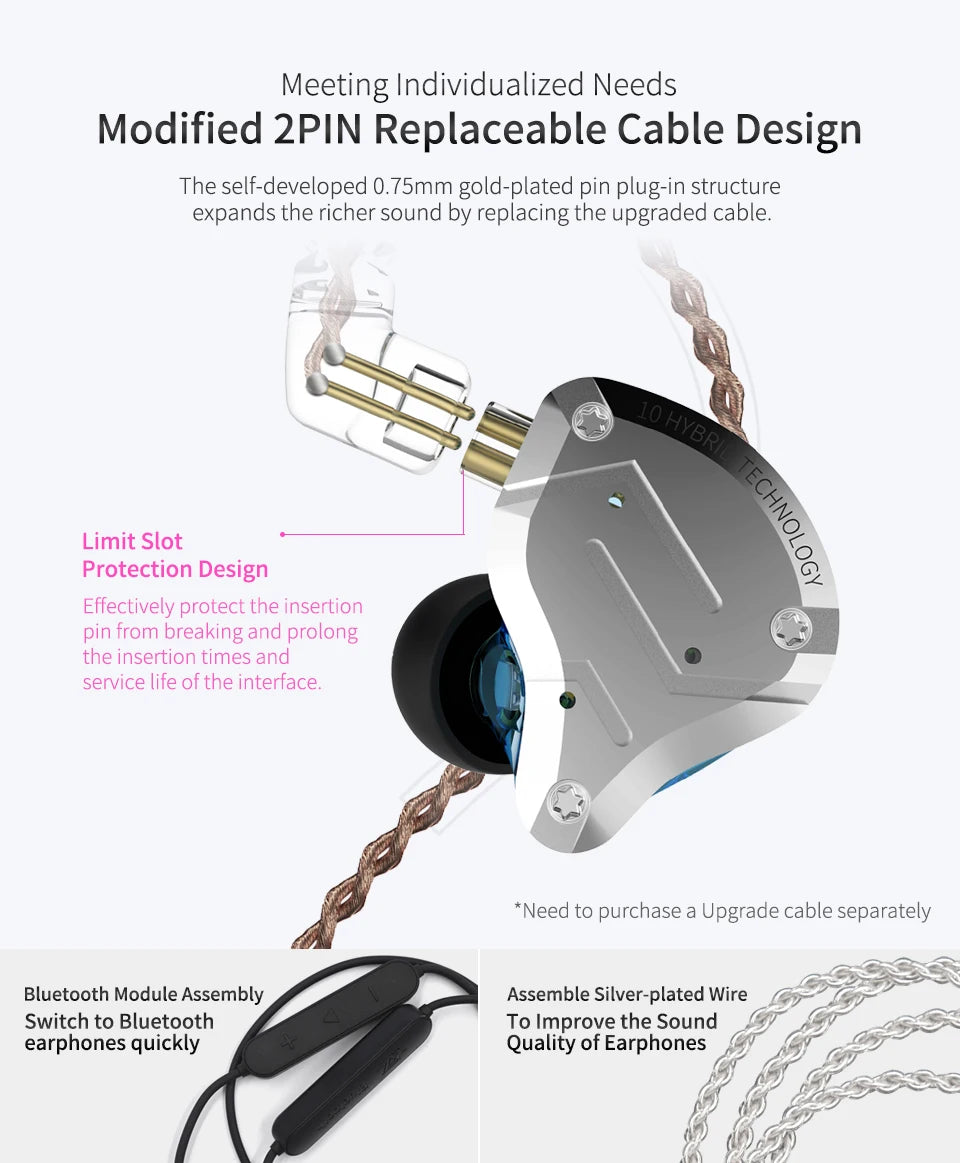 KZ ZS10 Pro 4BA 1DD Hybrid In Ear Metal Earphones10 Drivers HIFI Bass Earbuds Monitor Sport Noise Cancelling Headset ZSX ZAX Z3