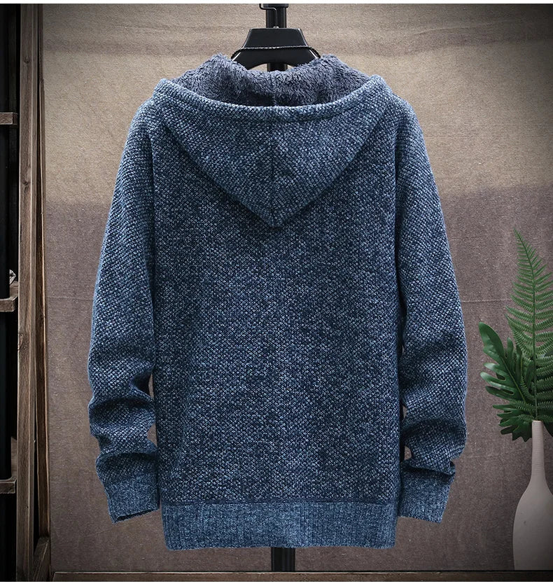 Autumn Winter Men's Sweaters Hooded Knit Cardigan Korean Sweaters Jacket Fleece Lined Hoodies Windbreaker Coat