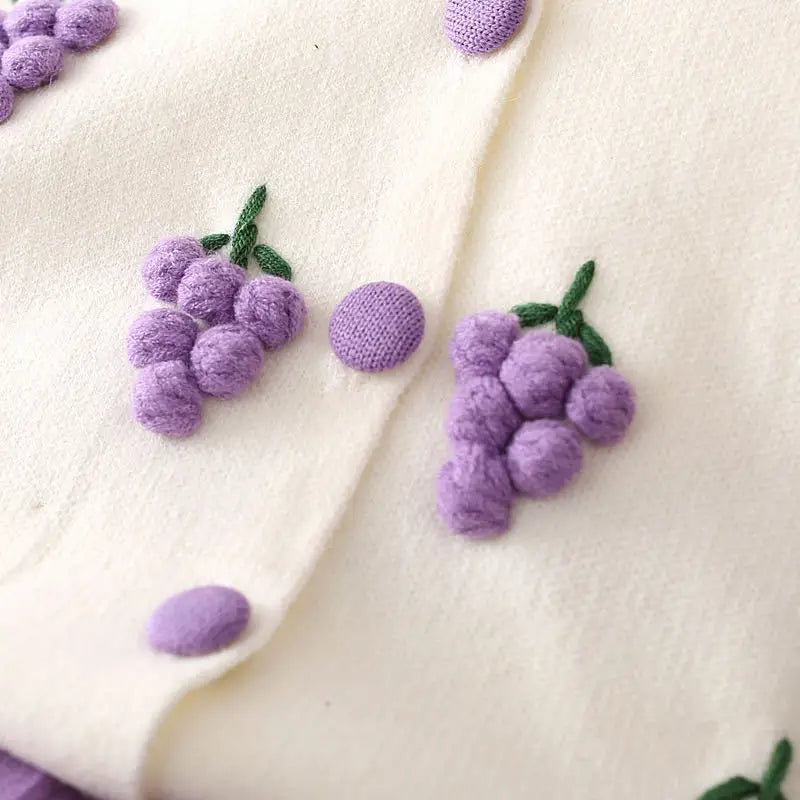 2 3 4 5 6 Years Cute Spring Autumn Girls Clothing Set Cartoon Grape Sweater Coat And Skirt 2Pcs Knitting Suit For Kids
