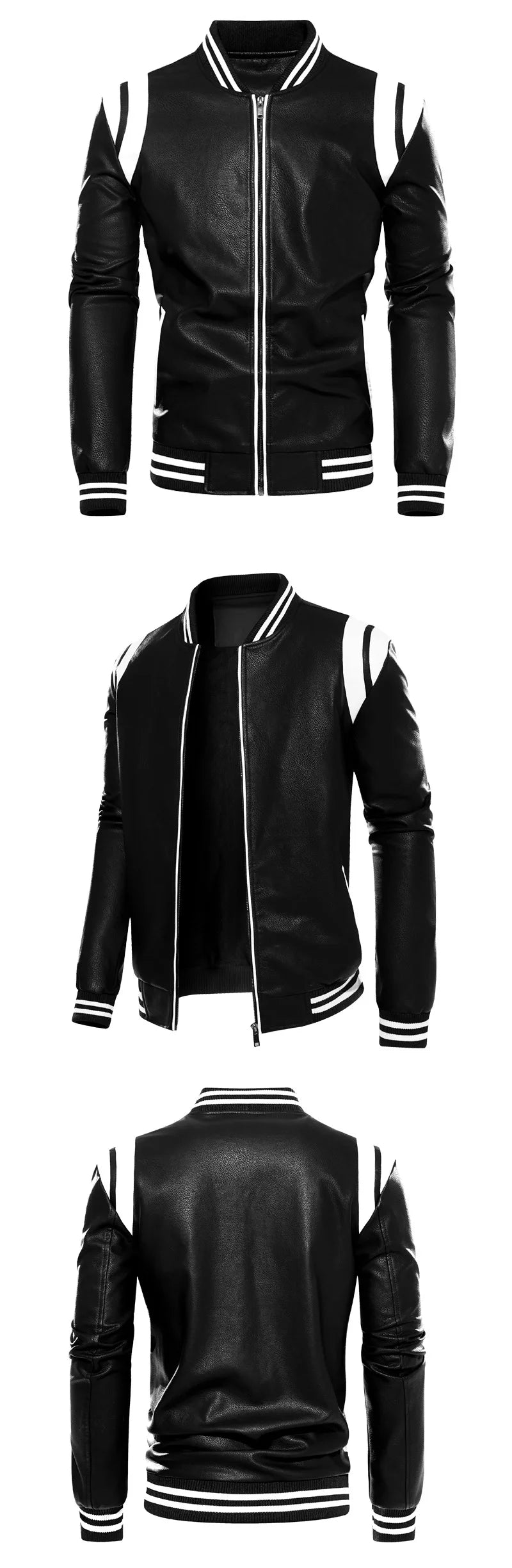 Men's PU Leather Baseball Jacket  Motorcycle Fleece Leather Coats Fashion Color Matching Loose Outwear Male