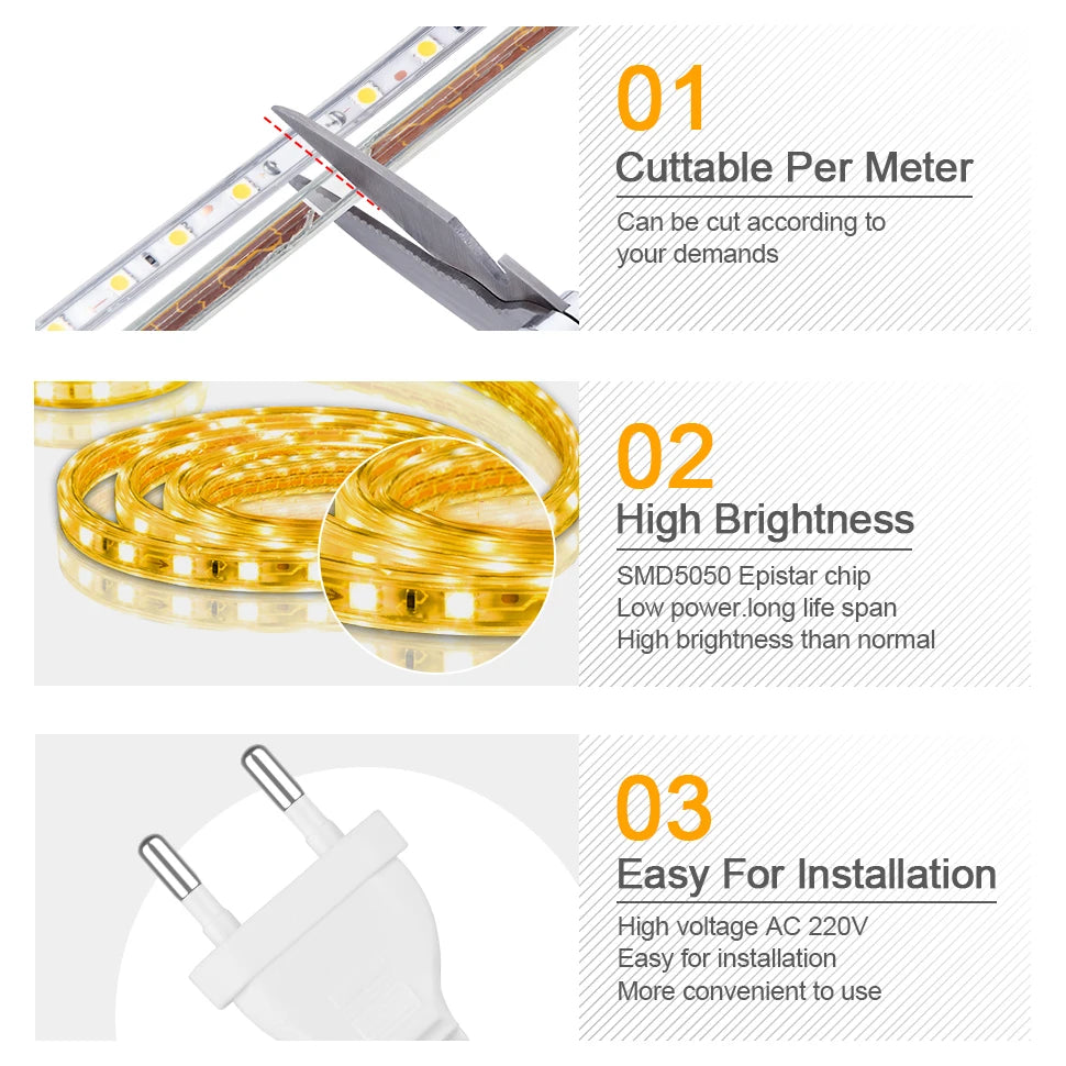 1-100M LED Tape AC220V LED 60-276LEDS With EU SMD 2835 5050 High Safety Brightness Flexible Strip Outdoor Waterproof Strip Light