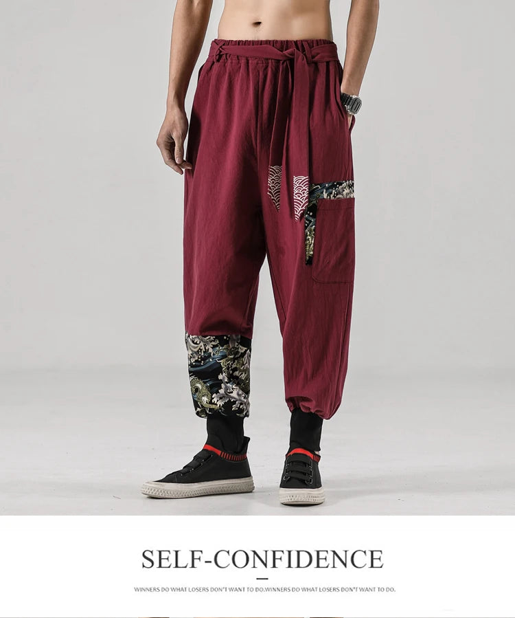 2024 Autumn Men Linen Harem Pants Mens Vintage Chinese Style Cotton Trousers Man Streetwear Pants Male Print Cross Crotch Pants